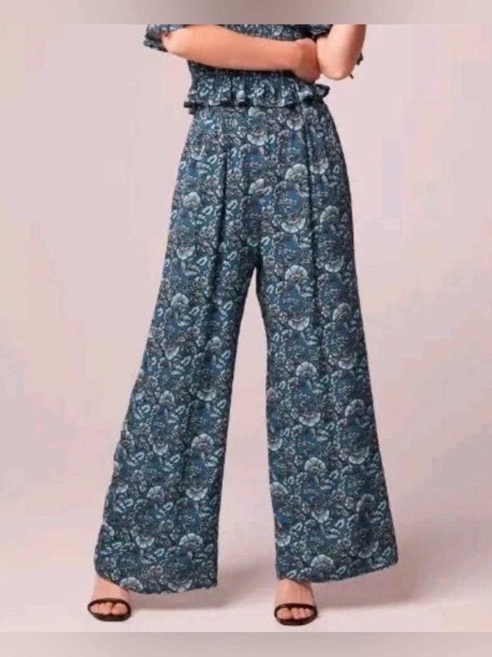 Band of the Free Elise Teal Floral Boho High Waist Wide Leg Pants Sz 2 - C33-016